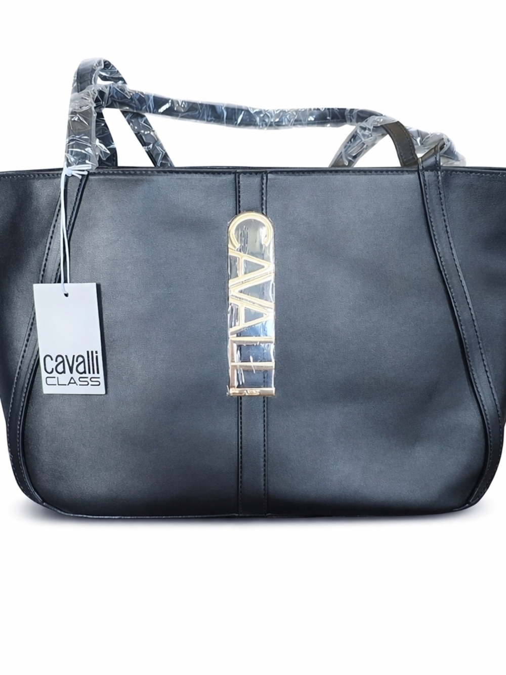 NWT Cavalli Class Big Black Sandra Shopper Tote With Gold Hardware